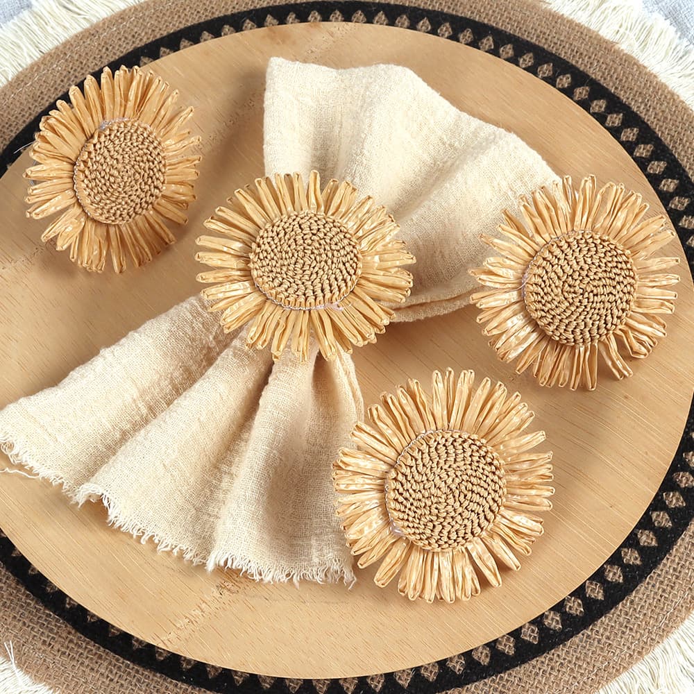 Handmade Creative Raffia Woven Sunflower Napkin Ring Hotel Banquet Table Setting Napkin Holder Cross-Border Factory Wholesale
