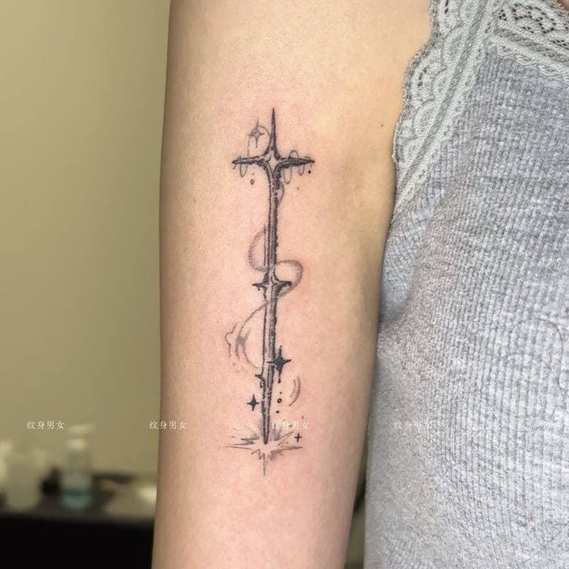 Retro Sword-Shaped Tattoo Sticker, Calligraphy Style, Realistic, Long-Lasting, Waterproof, Herbal Juice Tattoo Sticker