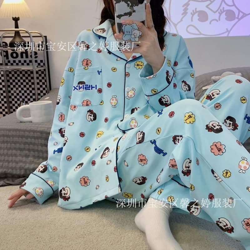 Factory wholesale women's spring and autumn pajamas featuring Japanese cartoon pudding dog design, imitation cotton long-sleeved top and pants, foreign trade style