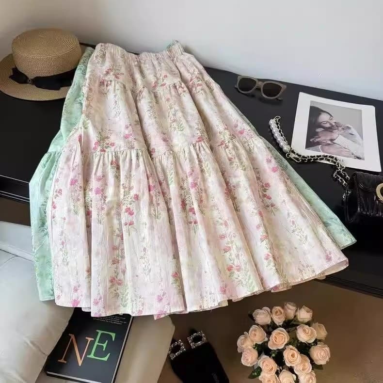 [Lined] Summer Thin Simple High-Waist Slimming Versatile Pleated Skirt for Women 2026 New Floral Half Skirt