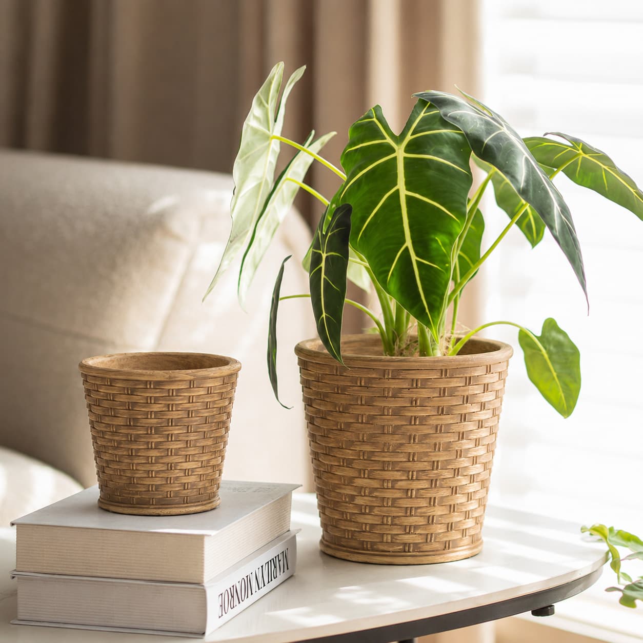 Vintage Bamboo-Weave Style Large Floor Flower Pot, Green Plant Potted Plant, Outdoor Gardening Planter, Garden Balcony Courtyard Ivy Basket