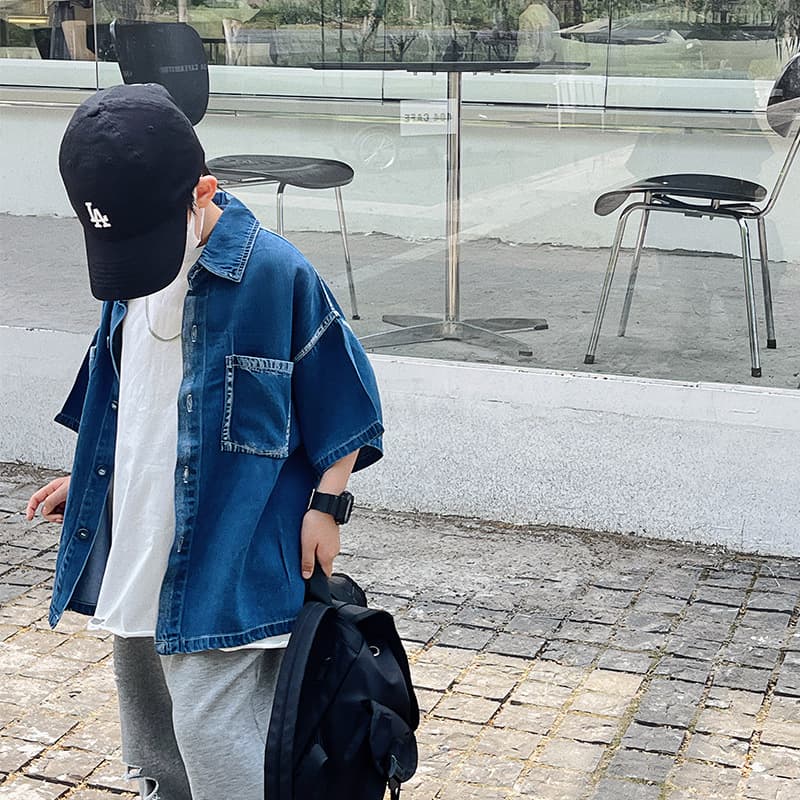 Baoduo Boys Summer Denim Short Sleeve Shirt Children Korean Style Solid Color Shirt Jacket 2023 New