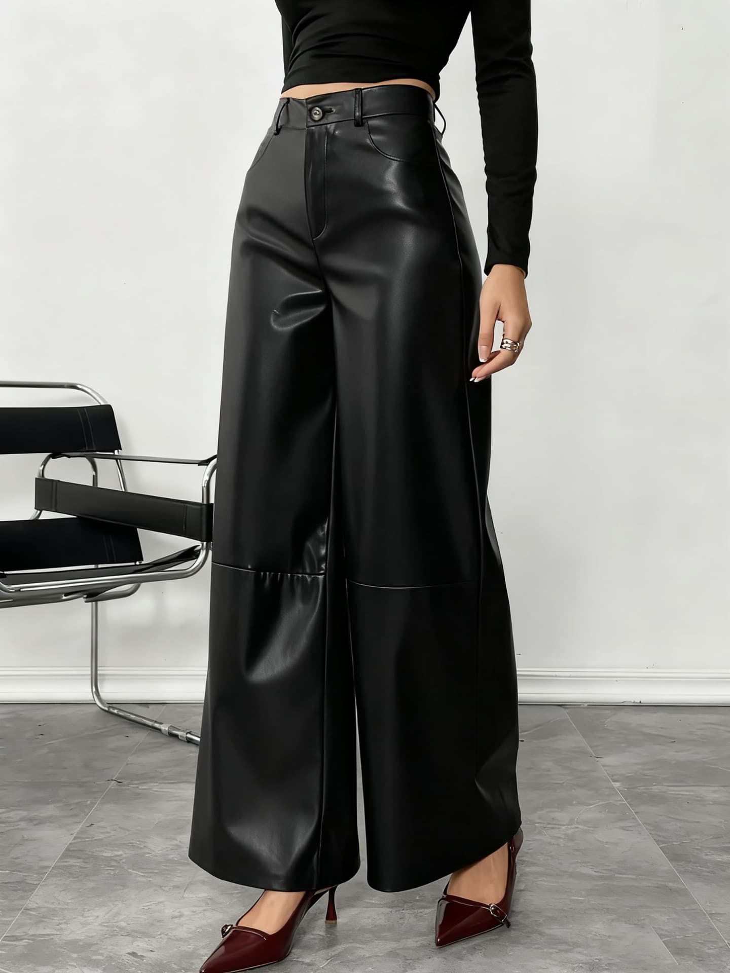 Long Flowing Black Leather Pants, European and American Style Wide-Leg Pants, Amazon Slimming Sheepskin Commuter Women's Loose Trousers