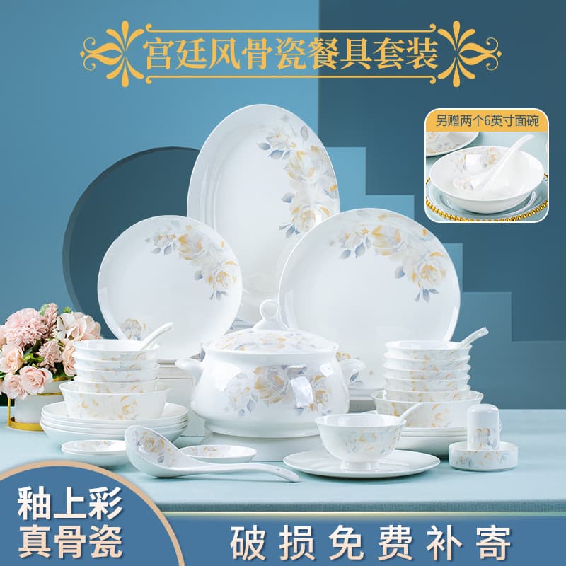 Jingdezhen Bone China Dinnerware Set Elegant Lady 58-Piece Underglaze Color Porcelain Bowl and Plate Set Housewarming Gift