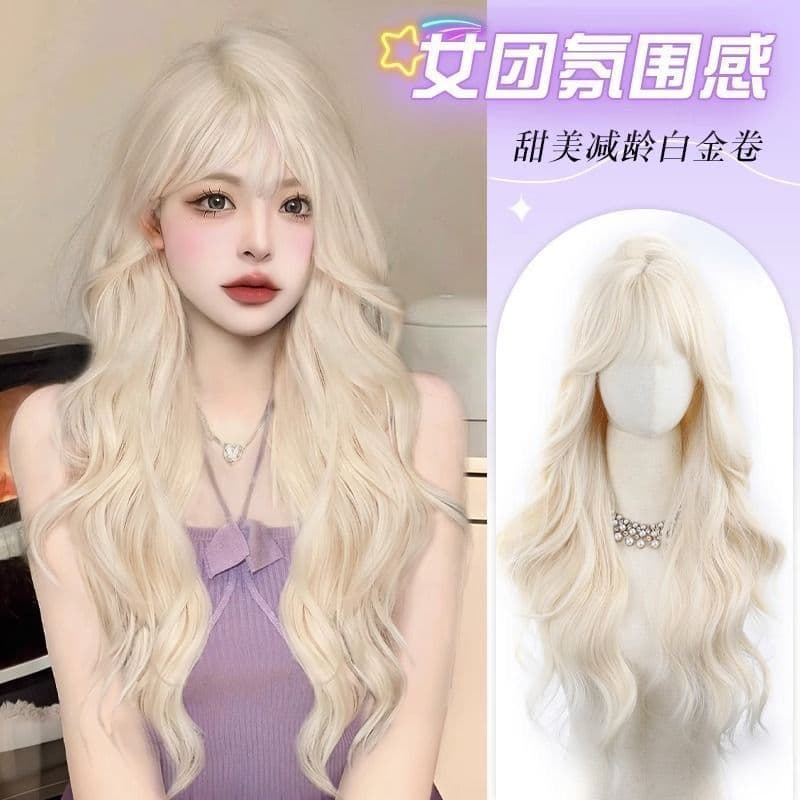 Women's Platinum Blonde Airy Long Curly Wig with Full Bangs, Big Waves, Water Ripple, Lolita Style, Face-Slimming and Age-Reducing Full Wig