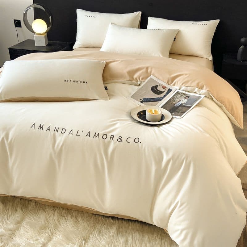 Minimalist hotel washed cotton B&B bedding four-piece set, solid-color embroidered single duvet cover sheet with fitted sheet dormitory three-piece set