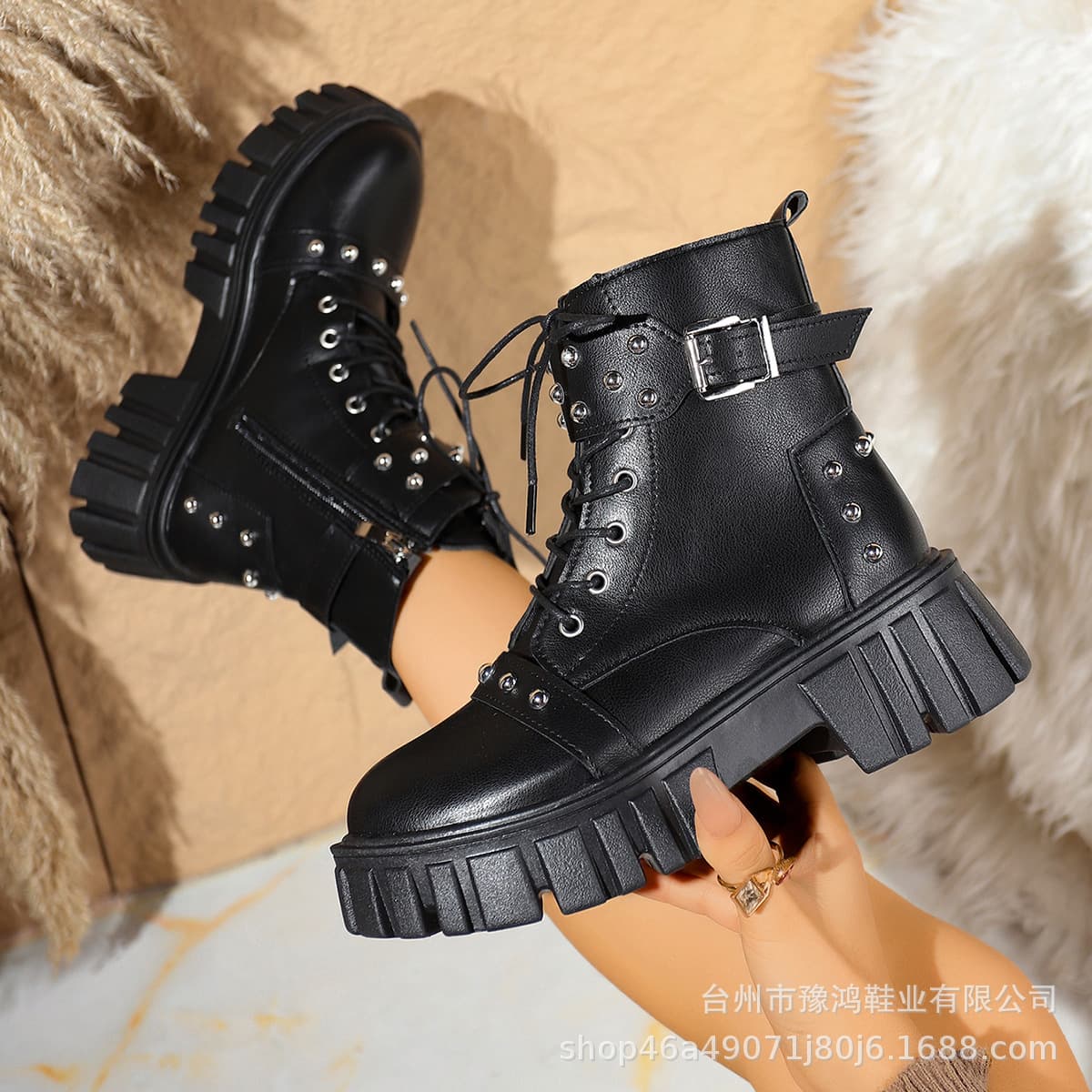 Cross-border Large Size Short Boots 2026 Autumn Winter Foreign Trade Chunky Heel Short Ankle Boots Women's Boots Rivet Side Zipper Round Toe Martin Boots