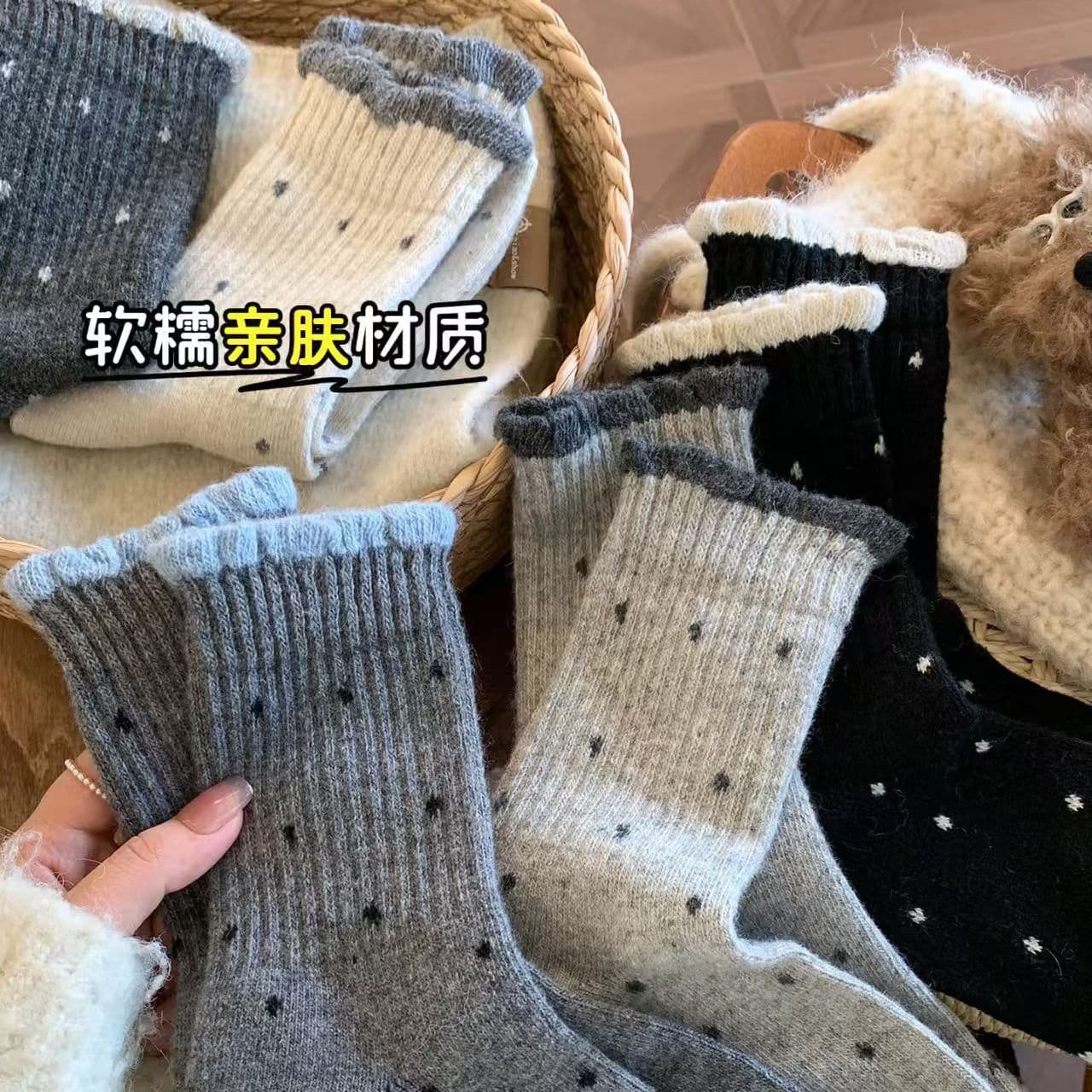 Autumn/Winter Polka Dot Women's Mid-Calf Cotton Socks, Korean Style, Trendy, Versatile, Lace-Up Socks, Warm Slouch Socks, Zhuji Socks Industry