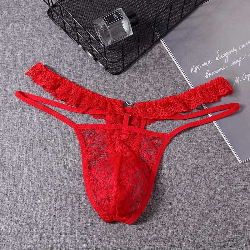 Men's underwear with hollowed-out lace trim, see-through sexy thong with rhinestones and double waistband, M1411#