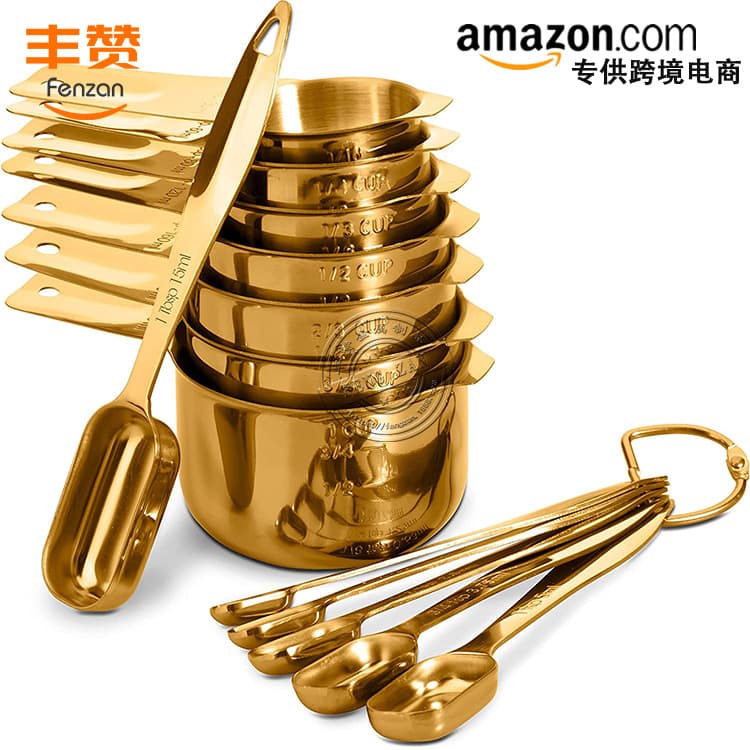 Stainless Steel Measuring Spoon and Cup Set with Gold Handle, Vacuum Titanium Plated Baking Measuring Spoon Set, Measurement Tool