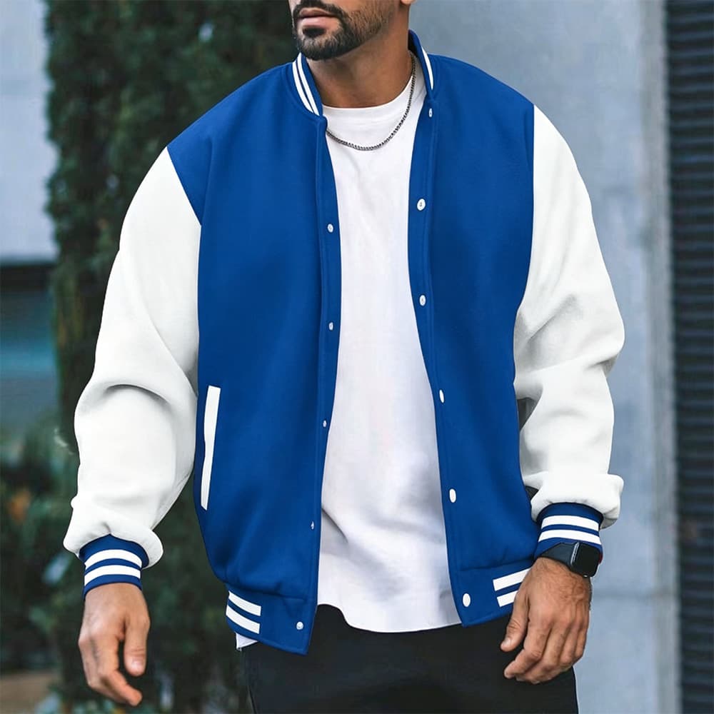 Cross-Border Baseball Jacket Men's Flight Jacket Spring/Autumn Fleece Classic Loose Casual Horizontal Knit Stand Collar Button Baseball Jacket