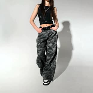 In Stock American Grey Camo Wide Leg Jeans Women High Waist Loose Straight Leg Casual Workwear Trousers