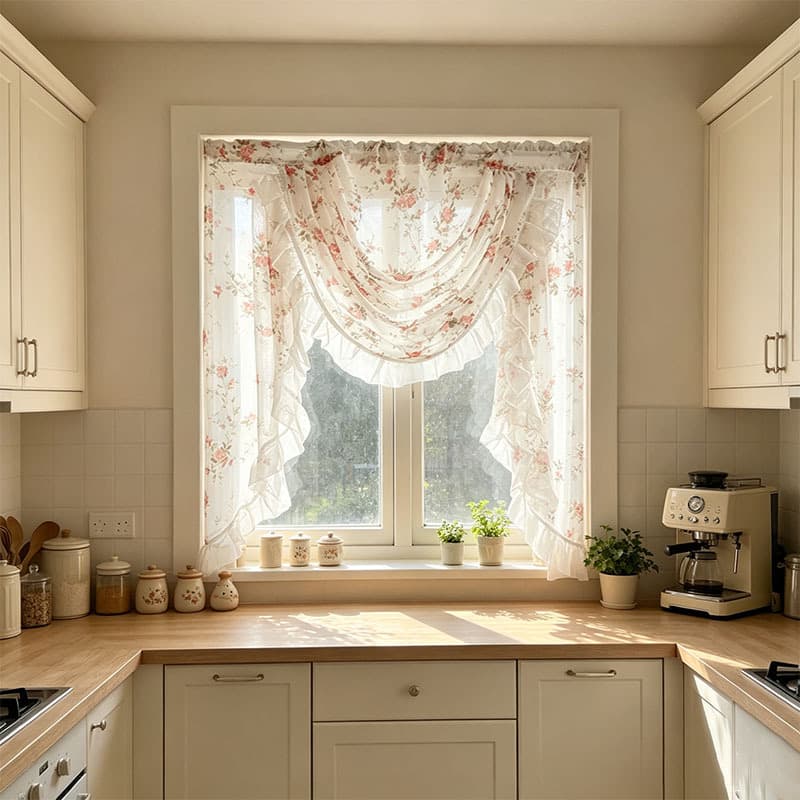 Soft Mist Pink Rose Terrene Water Wave Decorative Curtain with Intricate Lace Ruffle Trim, Room Window Curtain