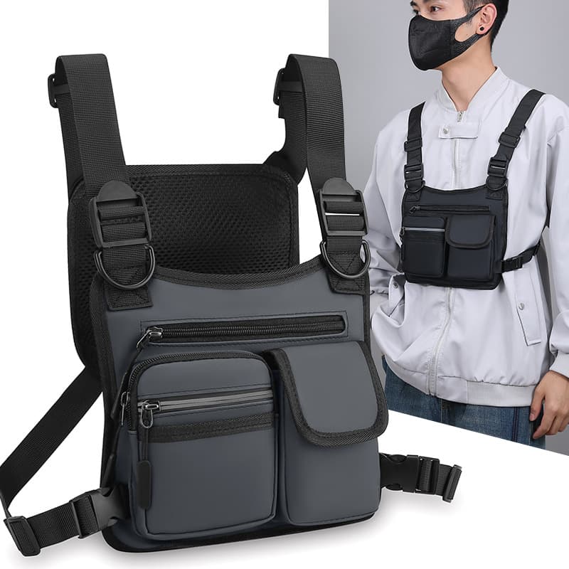 Trendy PU leather film tactical bag large capacity multi-pocket functional vest bag casual personality workwear style men's chest bag