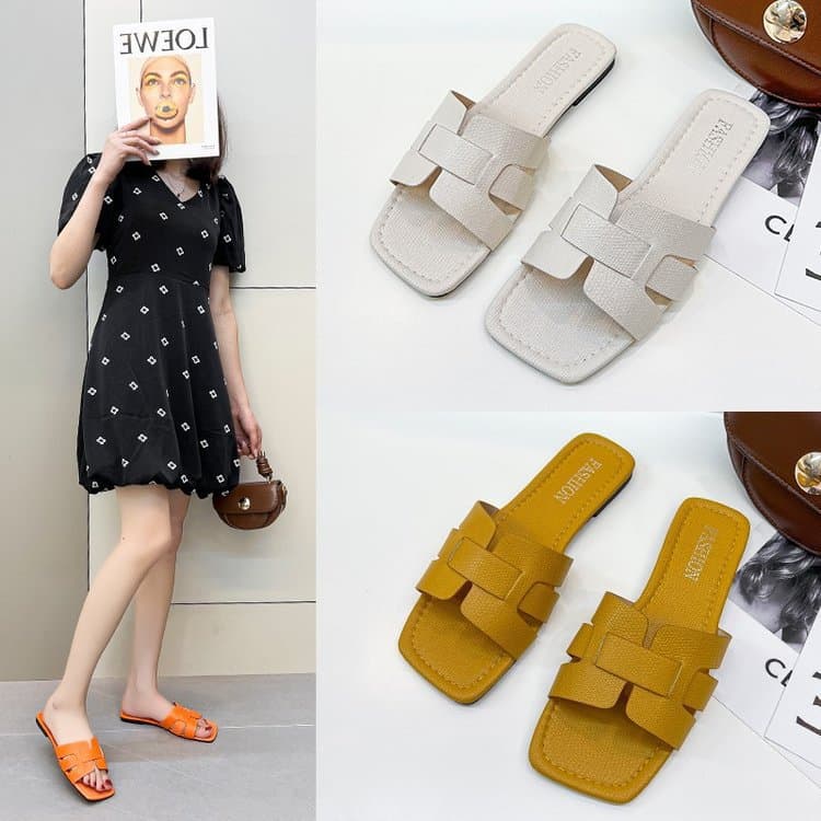 Slippers for women 2022 summer one-line leather outer wear square toe women's sandals foreign trade lazy large size beach shoes