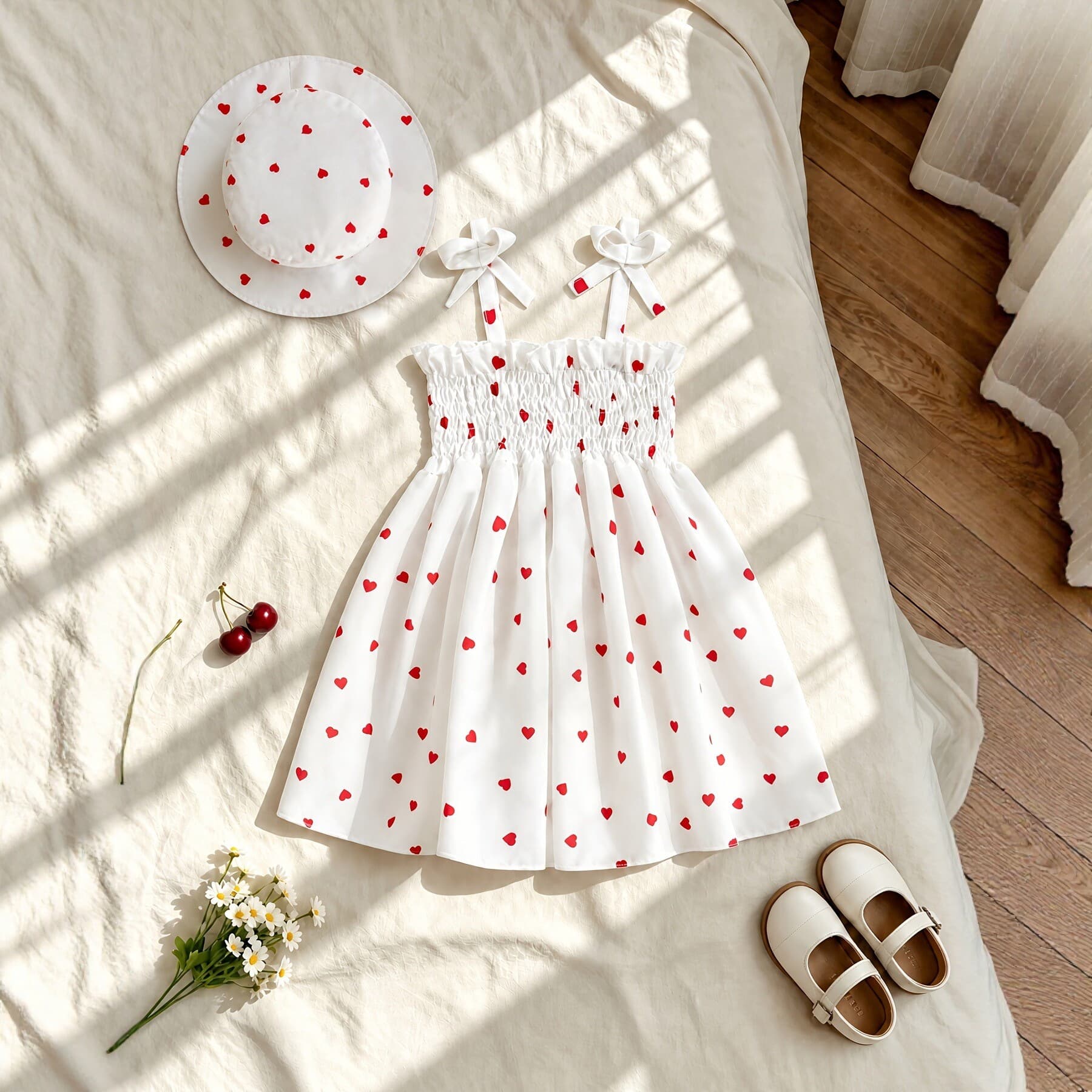 Summer two-piece heart-shaped printed suspender dress + princess hat for girls from newborn to 3 years old, available in multiple colors