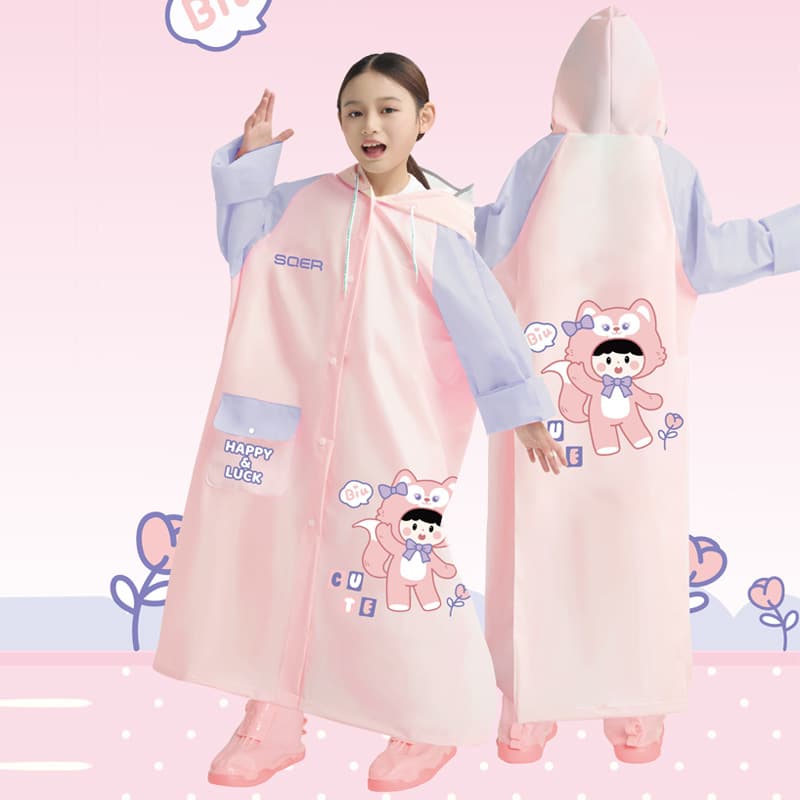 Children's raincoat, girls' raincoat with backpack compartment, wide brim, waterproof jacket for boys and girls, mid-length.