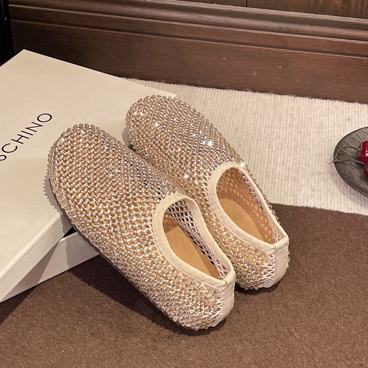 Fishnet Shoes for Women 2026 Summer Full Rhinestone Slip-On Retro Versatile Flat Casual Roman Sandals to Match Dresses