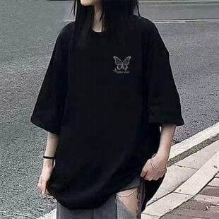 Black Printed Short-Sleeve T-Shirt for Women, Cotton, Loose Fit, Couple Style, Summer