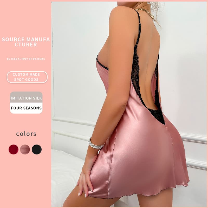 Elegant European Women's Summer Thin Sexy Strap Dress Pure Color Backless Sleepwear Casual Home Clothes Breathable V-neck Nightgown