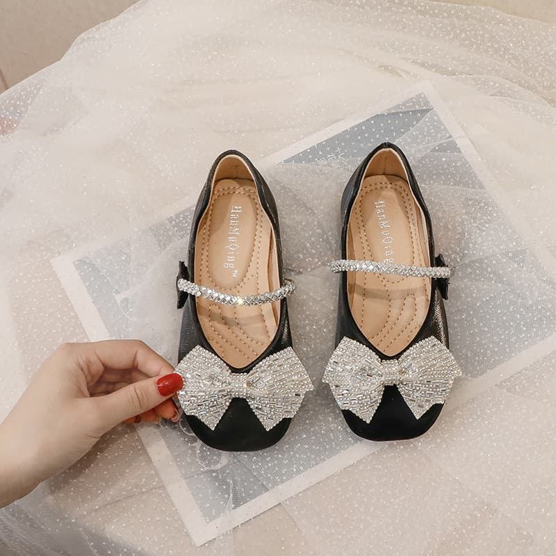 2022 Girls' Princess Flats, Fashionable Velcro Synthetic Leather Dance Shoes, Trendy Rhinestone Solid Color Casual Children's Shoes
