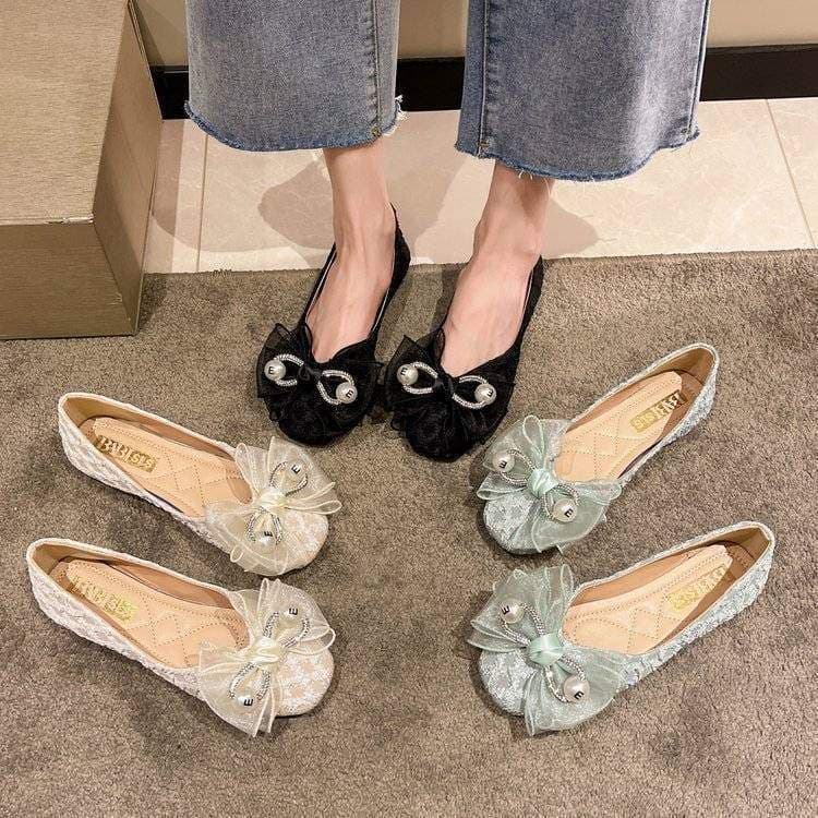 Bow Flat Shoes for Women with Rhinestones, Soft Fabric Sole, Chanel-Style Ballet Flats, 2025 Spring/Summer New Mary Jane Shoes
