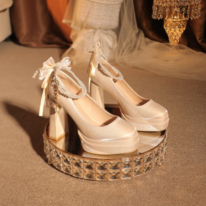 8036-Z32-L52 Petite 11cm Ultra High Heel Platform French Champagne Wedding Shoes Hexiu Bridal Shoes
