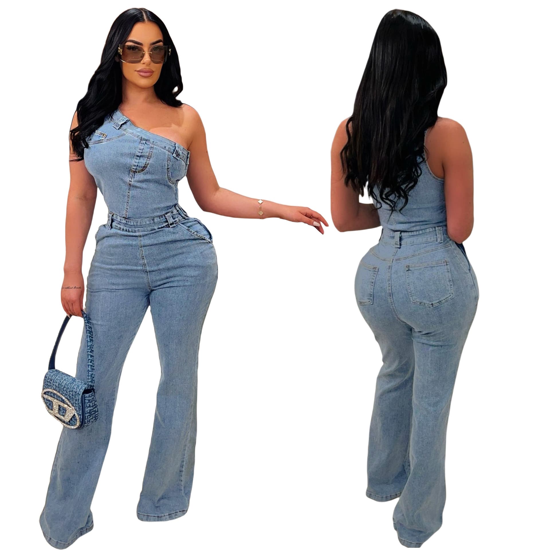 Oblique Shoulder Fitted Waist Slim Stretch Washed Denim Jumpsuit with Flared Pants