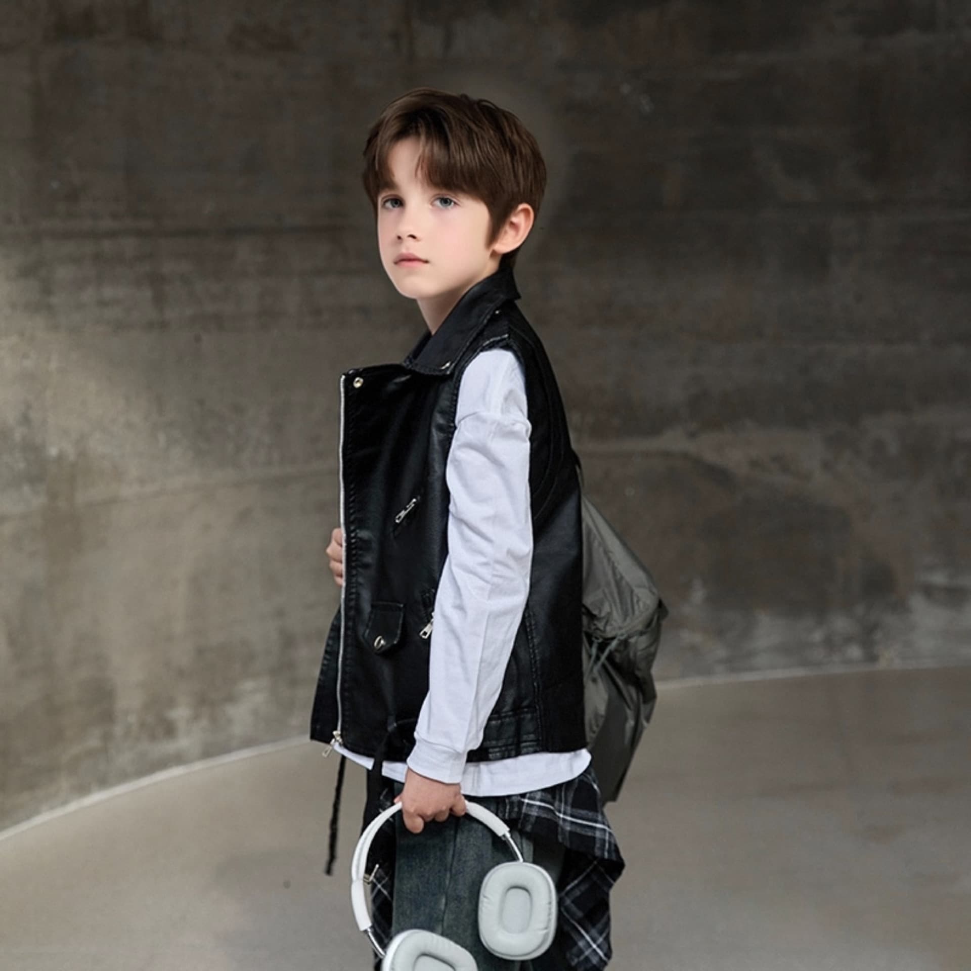 Children's PU Leather Vest, Versatile Motorcycle Collar, 2026 Spring/Autumn New Style, Boys and Girls Vest Jacket