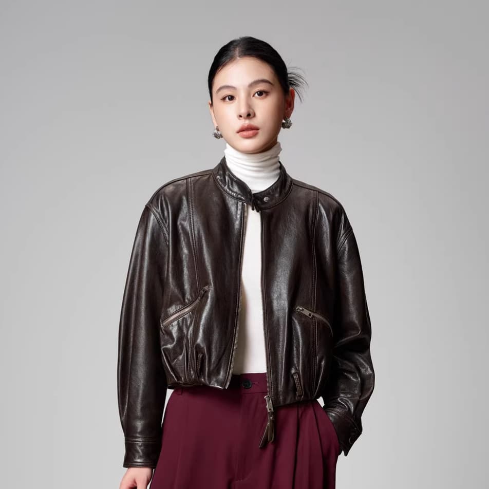 2026 New Oil Waxed Sheep Leather Genuine Leather Jacket Women's Short Motorcycle Jacket Coat Small Stand Collar Fashion
