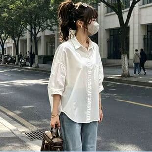 2026 New Style White Shirt for Women, Loose, Lazy Style, Relaxed Puff Sleeve, Flowing, Slimming, Sun-Protective, Commuter Top