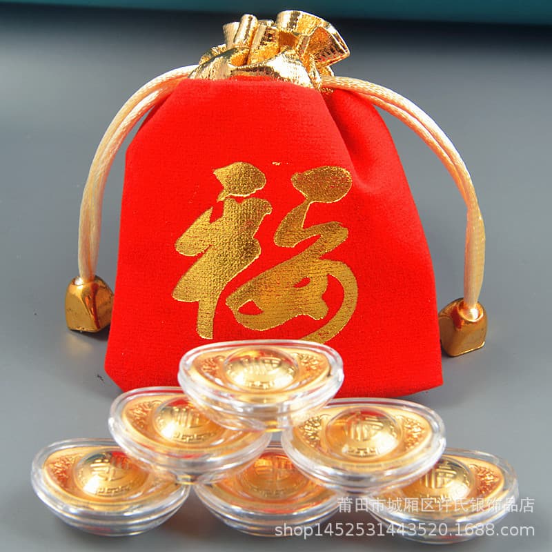 Annual Best Seller Gold Leaf Small Ingot with Fu Character Cloth Bag Gift Box, Wealth-Invoking Gold Ingot Souvenir