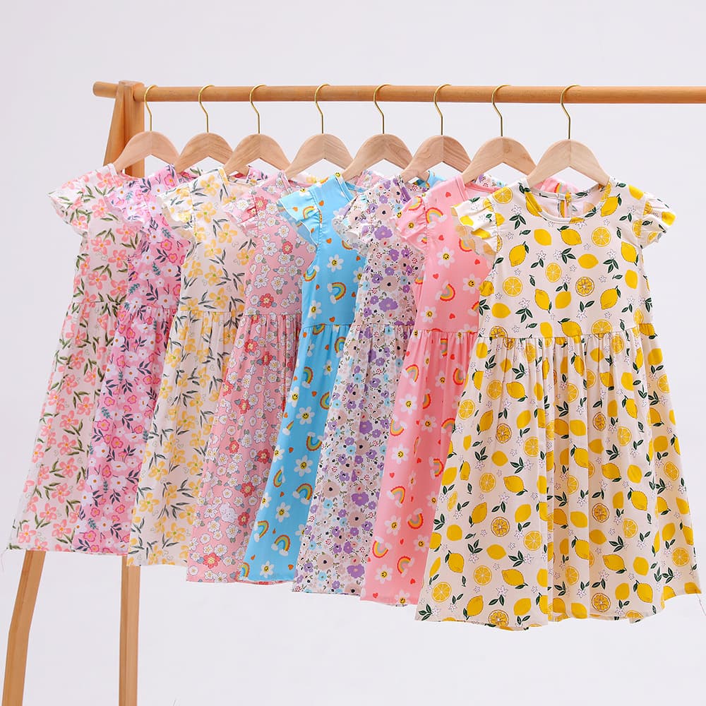 Girls Summer Dress Cotton Floral Print Mid-Length Short Sleeve A-Class Student Dress Long Dress