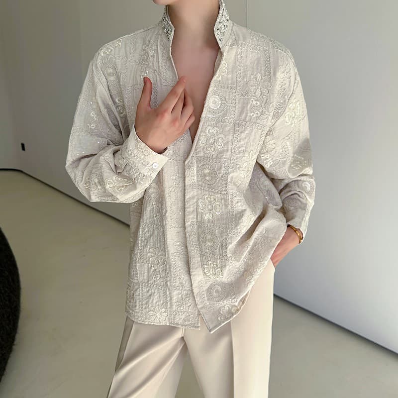 Light Luxury Heavy-Duty Pearl Rhinestone Stand-Up Collar Long-Sleeved Shirt for Men, Comfortable Texture, Brocade Jacquard Embroidery Niche Shirt