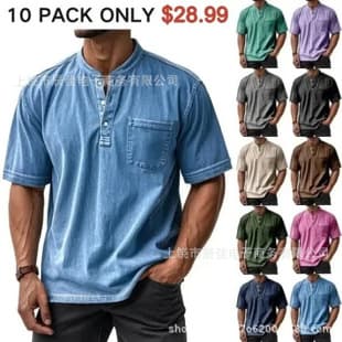 Men's Casual Solid Vintage Loose Pocket Short Sleeve Henley Shirt