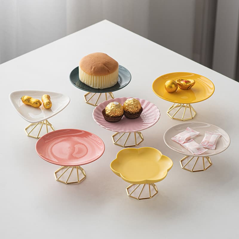 Modern Simple Solid Color Ceramic Cake Plate Metal Tall Plate Cafe Double Layer Western Dim Sum Plate Fruit Plate