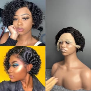 Real Human Hair 13x1 Lace Side Part Pixie Short Curly Wig for Export, Real Human Hair Pixie Wigs