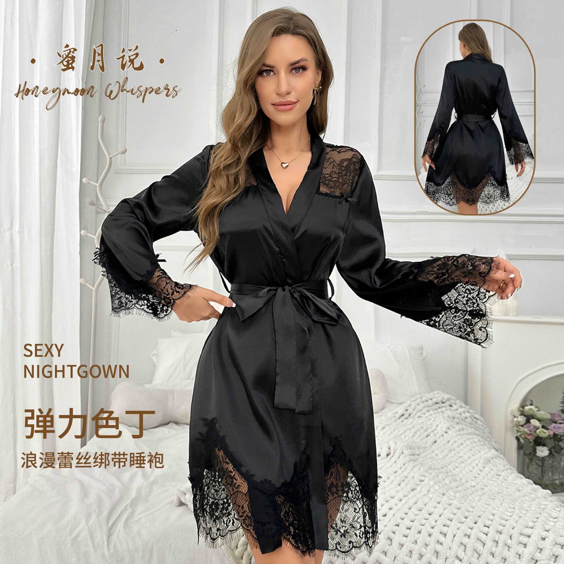 Cross-border best-selling lace patchwork nightgown with waistband, long sleeves, black home dressing gown wholesale