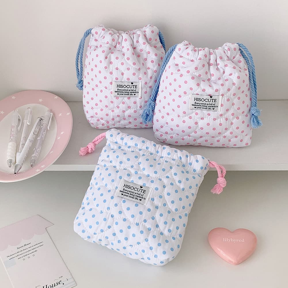 Korean Style Minimalist Polka Dot Drawstring Cosmetic Bag, Girls' Drawstring Skincare Organizer, Portable Travel Toiletry Bag