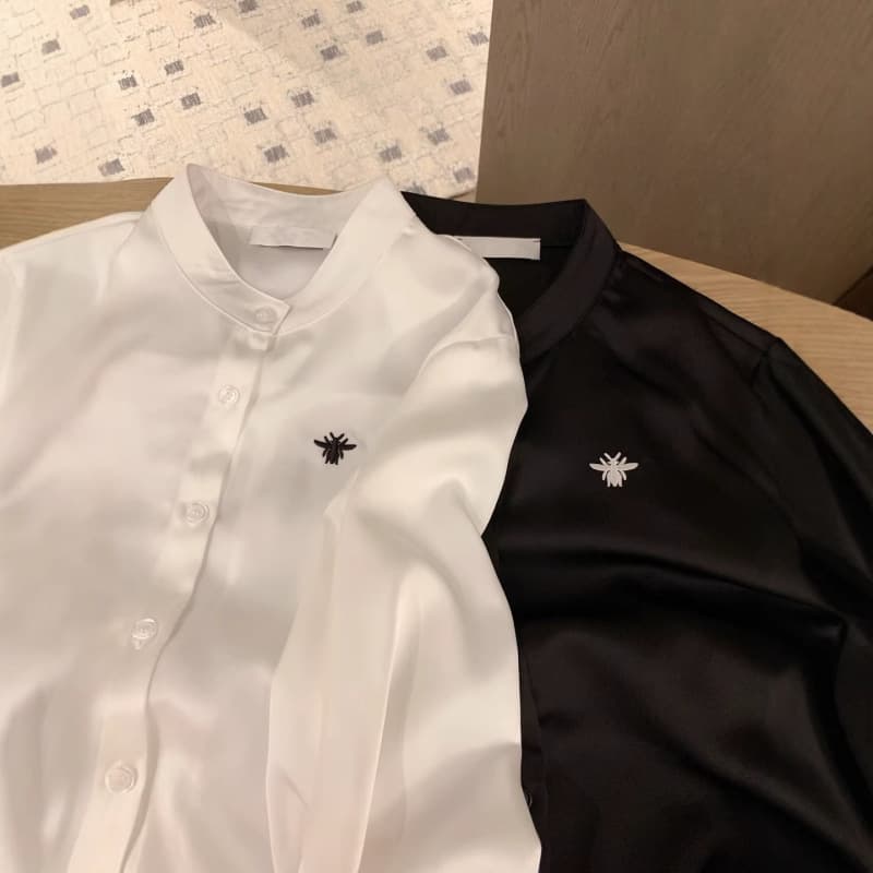 Women's PD Triangle Logo Blouse with Waist Bag, Celebrity-style Acetate Blouse, Loose Fit, Slimming, Mid-length Shirt