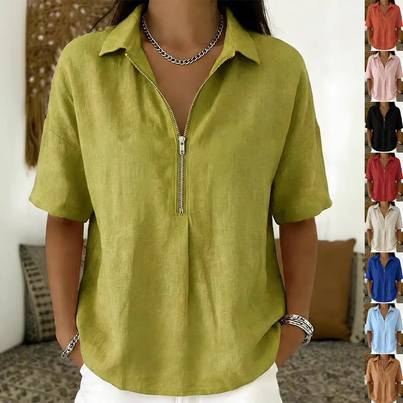 2026 Summer New Amazon Wish Cross-border Women's Shirt Fashion Solid Color Zip Short Sleeve T-Shirt