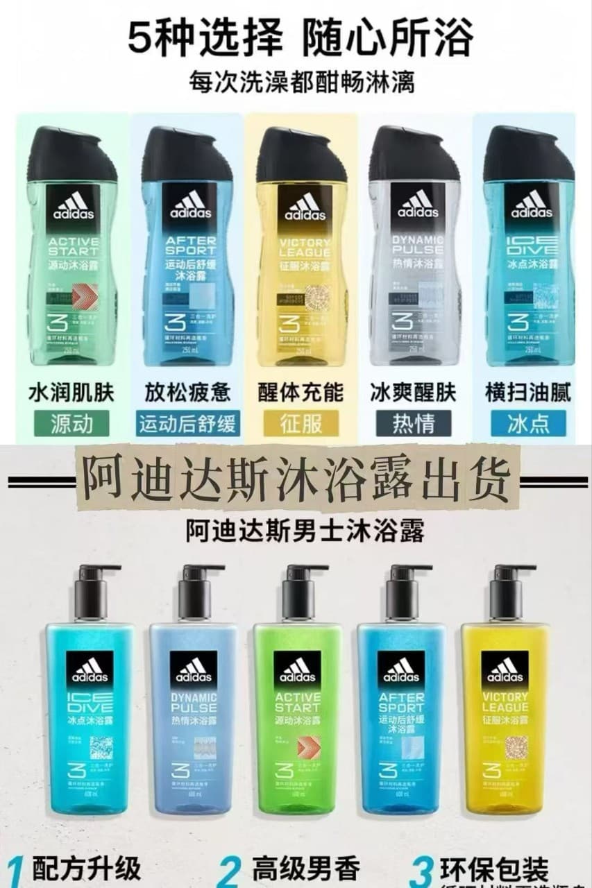 Adidas Men's Post-Workout Soothing 3-in-1 Ice Point Cleansing Portable Multi-Effect Body Wash