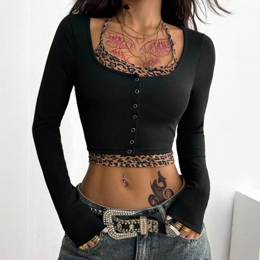American Retro Leopard Print Patchwork Sexy Slim Fit Stylish Fake Two-Piece Autumn Fashion Base Top