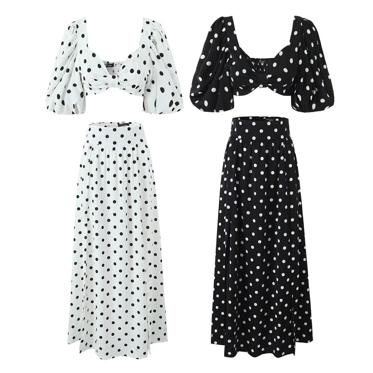 2023 Winter New Women's European and American Style Square Neck Crop Top + High Waist Slit Skirt Set