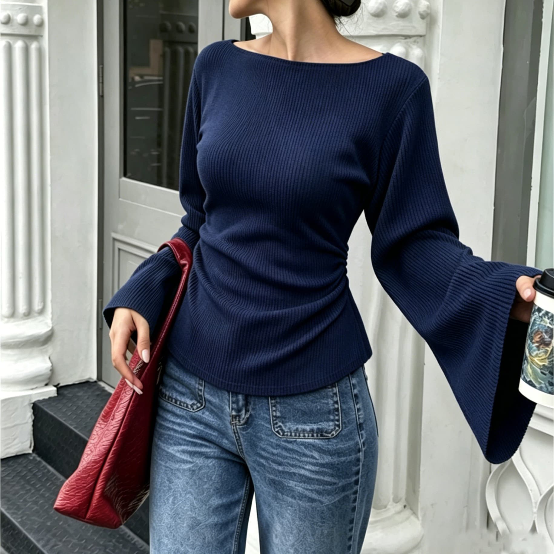 2026 Autumn New European and American Cross-border Fashion Casual Flared Sleeve Solid Color Ribbed Round Neck Fitted Top for Women