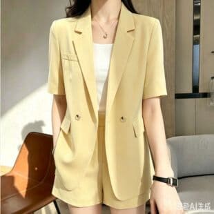 Summer Light Yellow Short-Sleeve Blazer and Shorts Two-Piece Set, Loose Fit, Slimming, Petite-Friendly Office Wear for Women