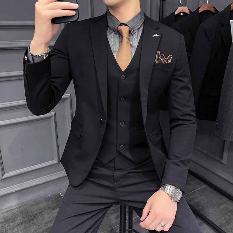 Men's Three-Piece Suit Slim Fit Wedding Banquet Korean Style Casual Cotton Blend Fabric Single Button Closure Business Casual