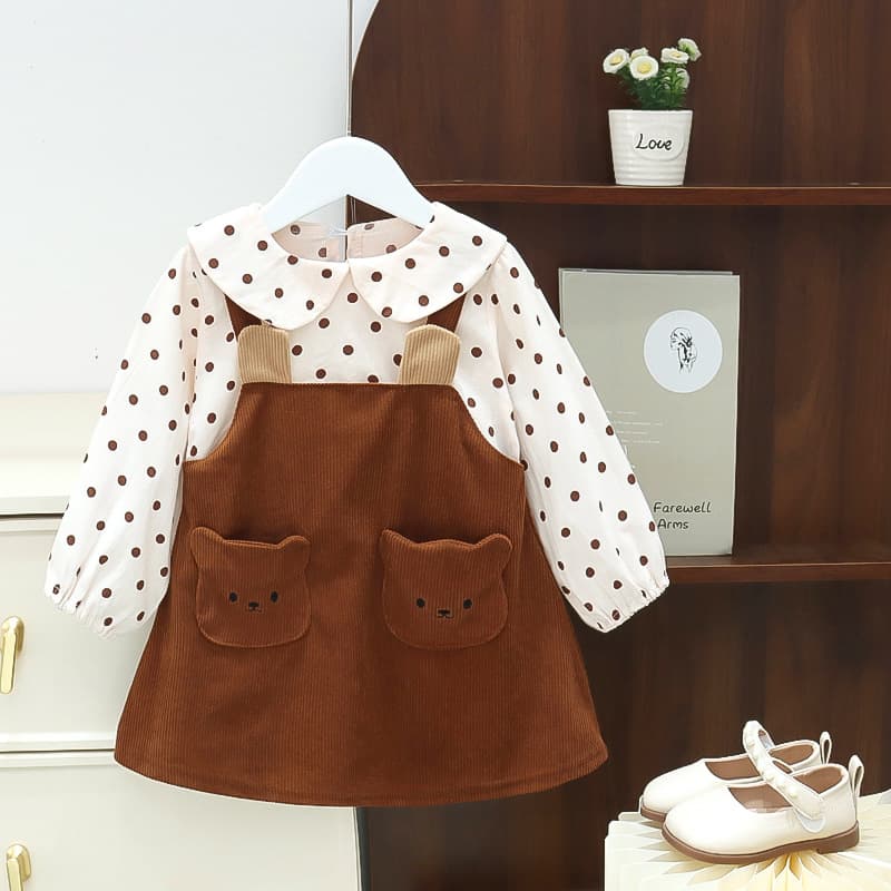Girls' Dress 2024 Autumn New Fashionable Polka Dot Dress Little Bear Baby Princess Dress Children's Clothing Trendy