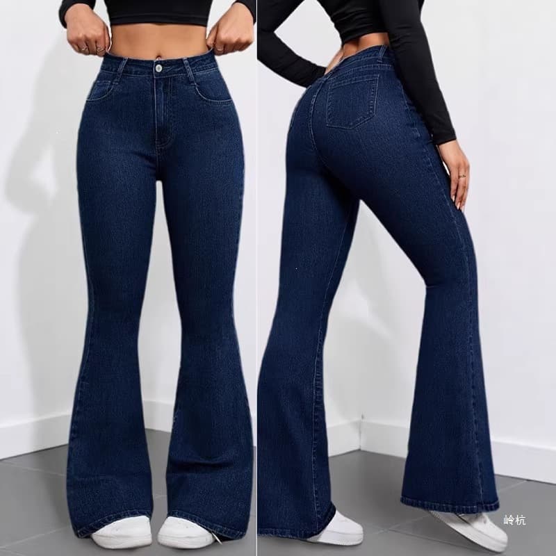 Amazon Spring/Summer New Flared Jeans Slimming Floor-Length High-Waist Dark Blue Fashionable Style Thin