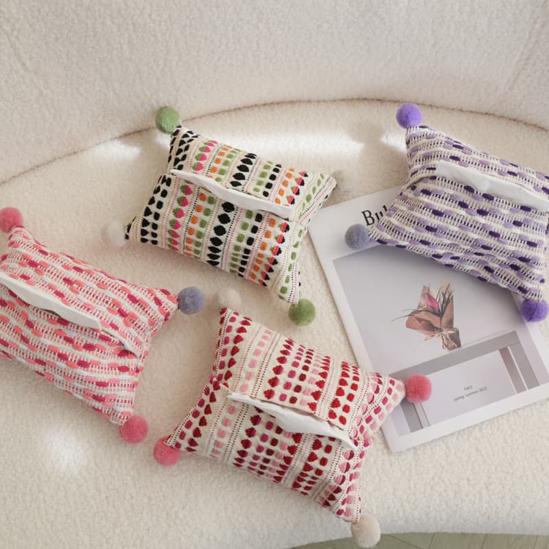 Nordic Ins Style Jacquard Colorful Pom-pom Tissue Box Dopamine Tissue Pouch Factory Direct